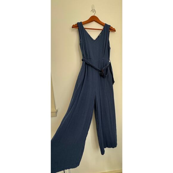 Lulu's Pants - Lulu's Wide Leg Cotton Belted Jumpsuit in Blue Size Medium